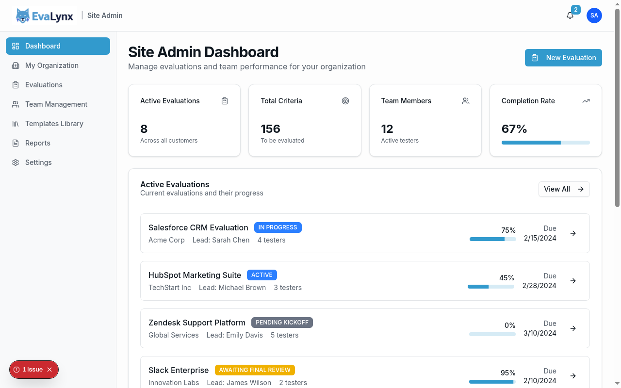 EvaLynx Site Admin Dashboard showing active evaluations