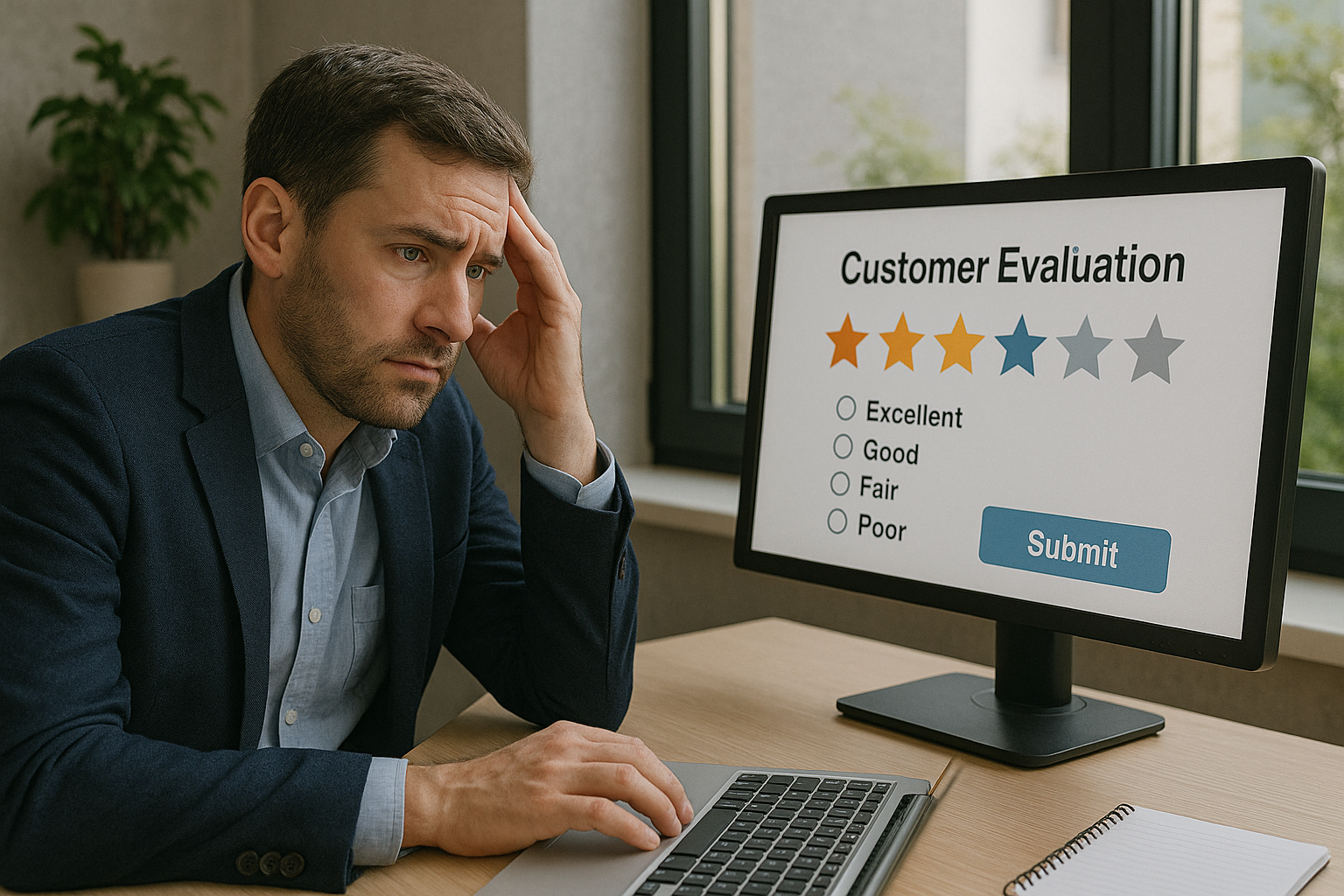 Frustrated salesperson looking at an overly simplified evaluation form